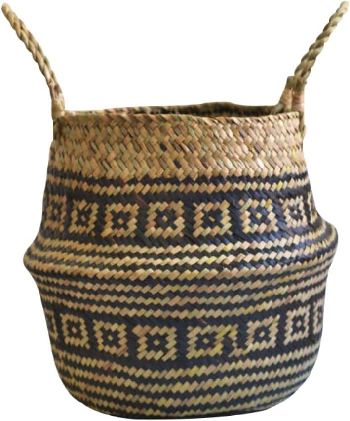 Maritown Natural Rattan Wicker Woven Basket,Vintage Big Belly Foldable Rattan for Plants Flower Planter Toys Laundry Storage Basket with Handle