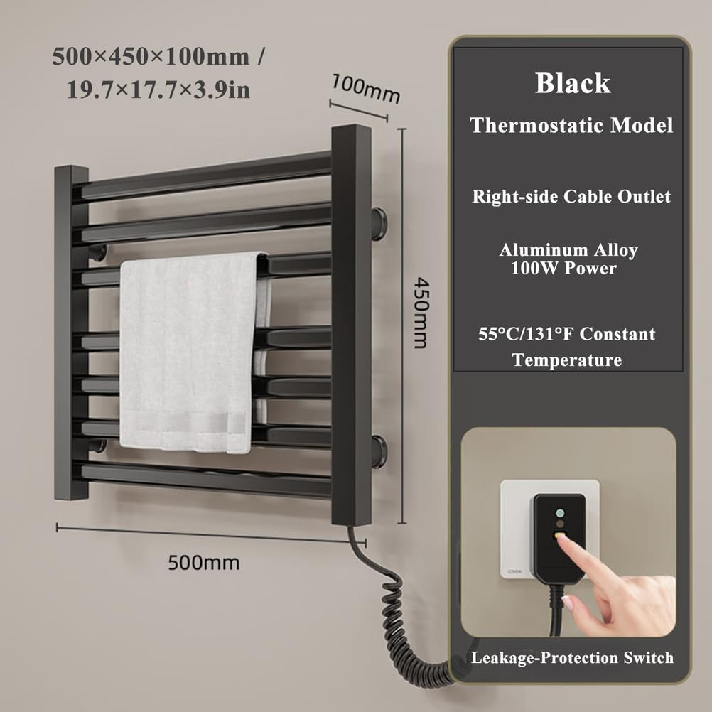 Wall Mounted Electric Towel Warmer Rack, 7-Bar Fast Heating Heated Towel Dryer with Hooks, Plug-in Bathroom Spa Accessories, Black Towel Warmer for Home & Hotels
