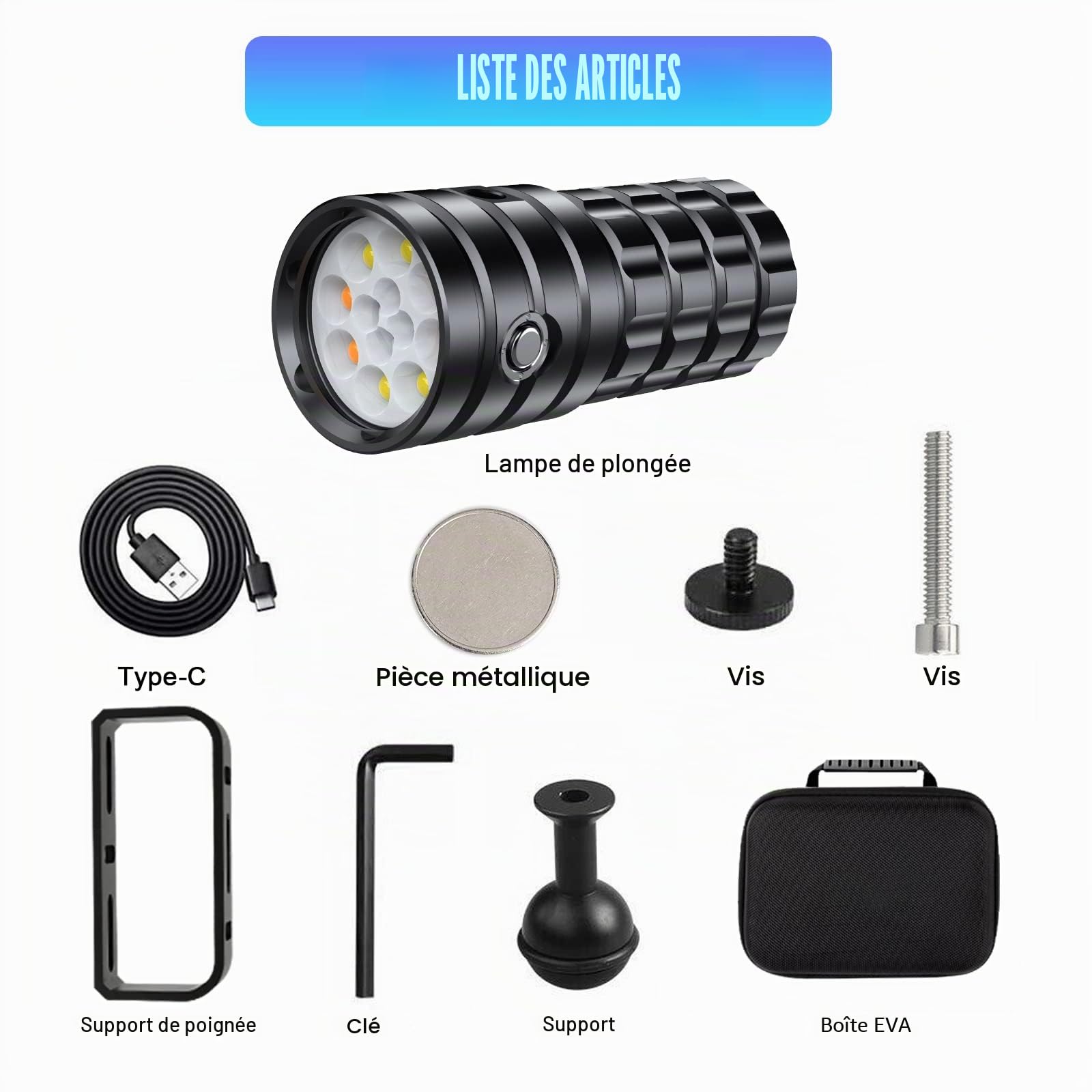 Lampe de plongée pour photographie sous-marine, 25 000 lumens, lampe de poche de plongée super lumineuse, étanche à 100 m, lumière vidéo sous-marine avec charge de type C, professionnelle pour