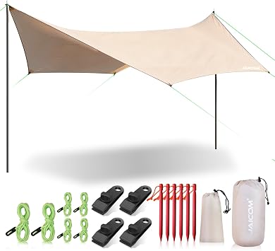 JAICOM Waterproof Hammock Rain Fly and Adjustable Tarp Poles, 12ft x 9.5ft Large Camp Tarp, 76" Telescoping Poles for Tarp, Shelter, Canopy, Tent, Awning, Hiking, Hammock