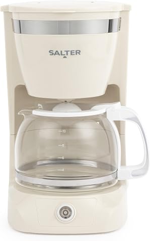 Cafetera de Filtro Retro Salter - Jarra de Vidrio de 1,25 L, Hace 10 Tazas, Adecuada para Café Molido, Mantiene Caliente Hasta 30 Minutos, Filtro Extraíble, Apagado Automático, 800 W, Crema