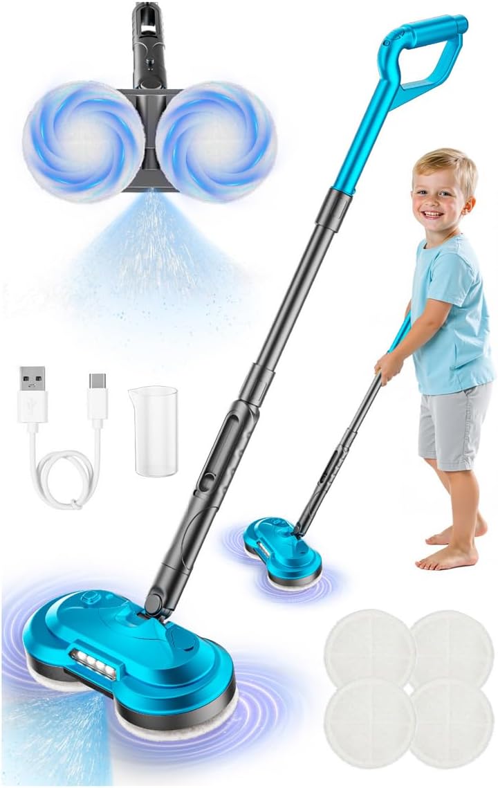 Kids Toy Electric Spray Spin Mop, Rechargeable Cordless Electric Mop W/ Water Sprayer & LED Headlight for Children Ages 3 4 5 6+ Boys & Girls, Cleaning Toy for Pretend Play (Blue)