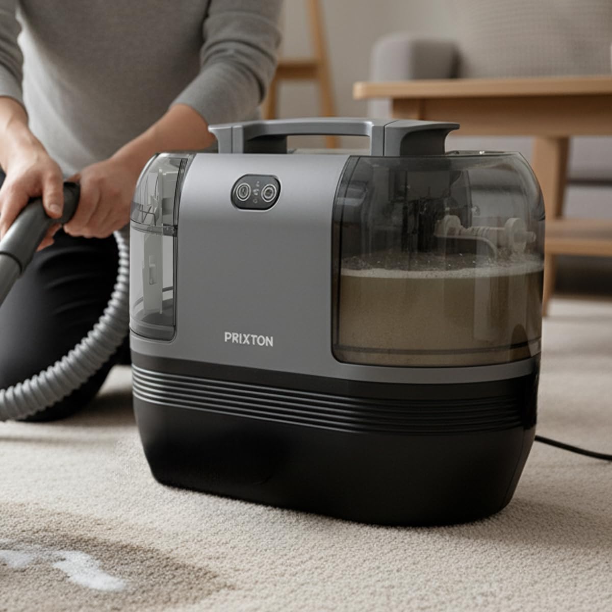 PRIXTON Aspirador de Alfombras y Tapicerías AquaClean Steam Pro 1700W con Vapor y Agua Caliente 60 °C, 15 kPa, Doble Depósito y 4 Accesorios