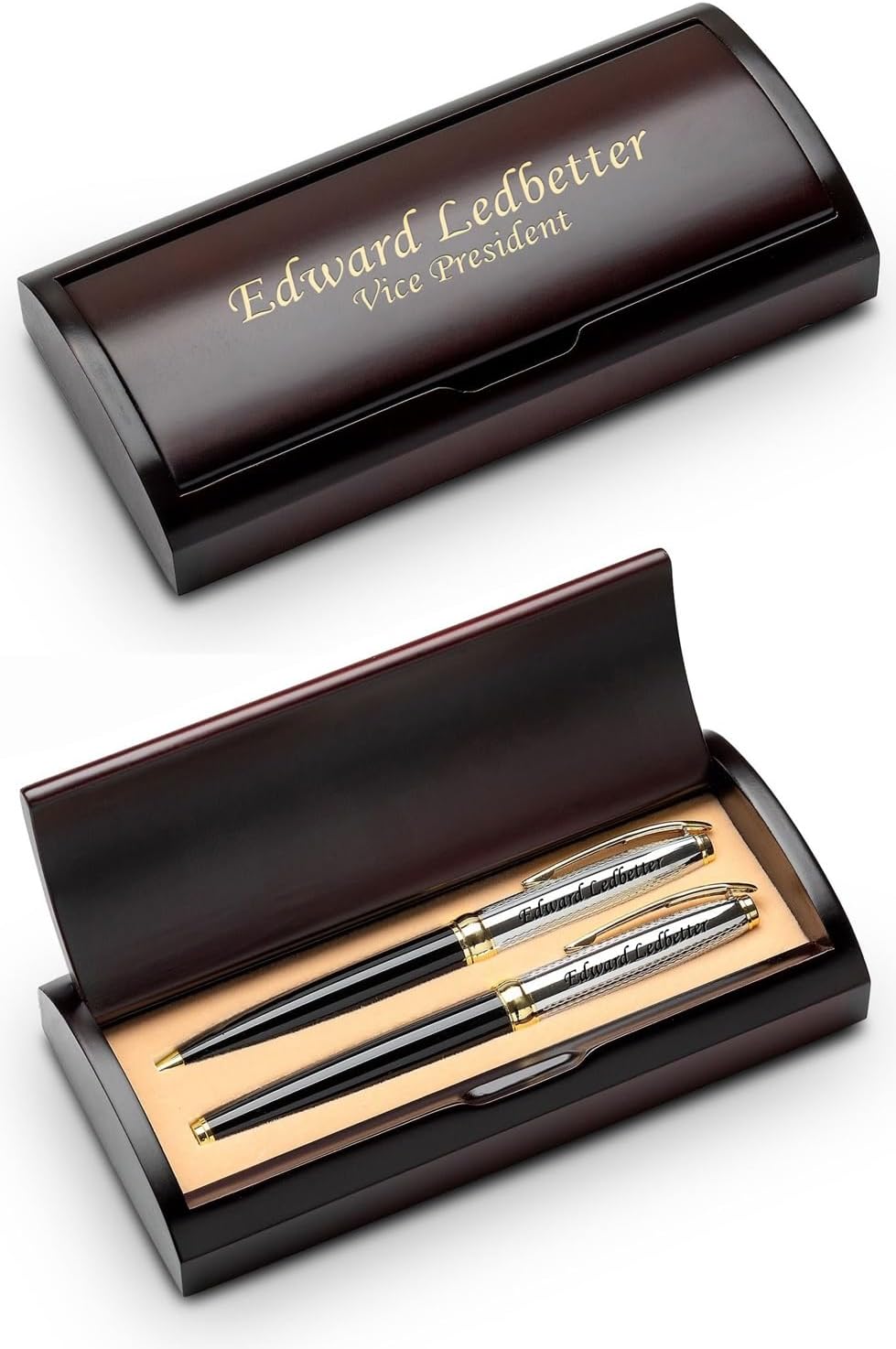Executive Gift Shoppe | Personalized Black & Gold Dual Pen Set With Cherry Finished Box