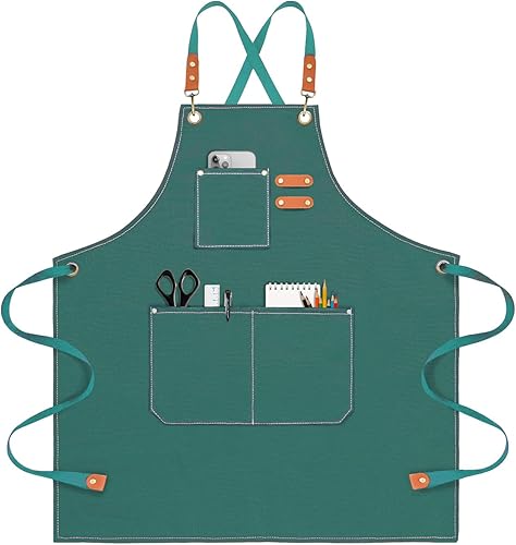 Delantal de chef para hombres y mujeres, delantales de lona con 3 bolsillos traseros cruzados, delantal de trabajo resistente para cocinar