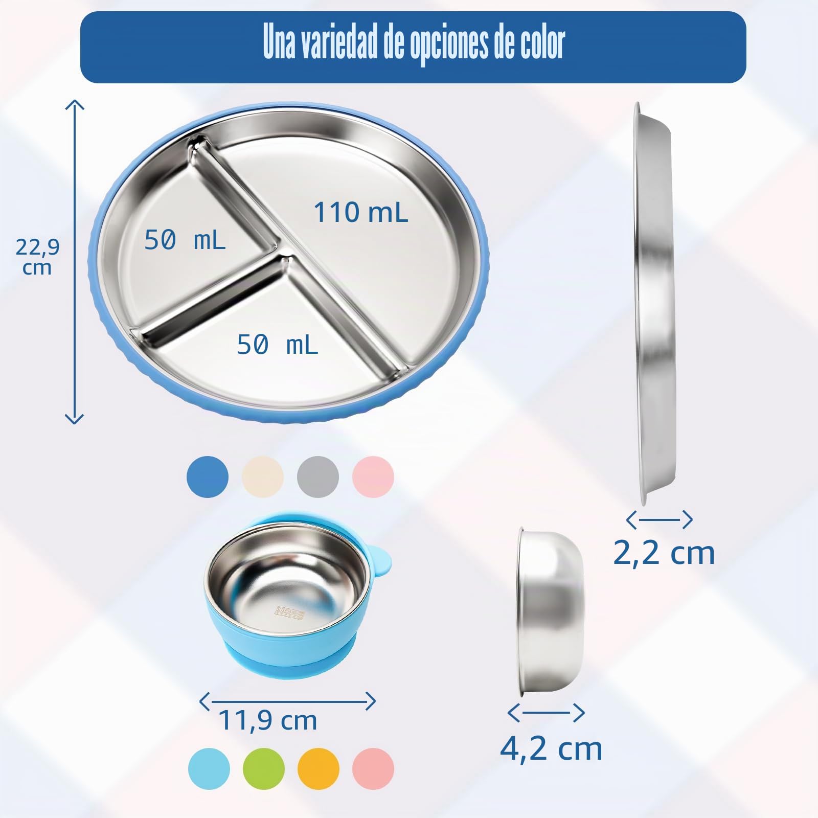 CLDY - Juego de 4 platos y tazones de acero inoxidable para bebés - Base de silicona 100% con ventosa - Platos de destete para niños pequeños - Platos divisores irrompibles - Sin BPA