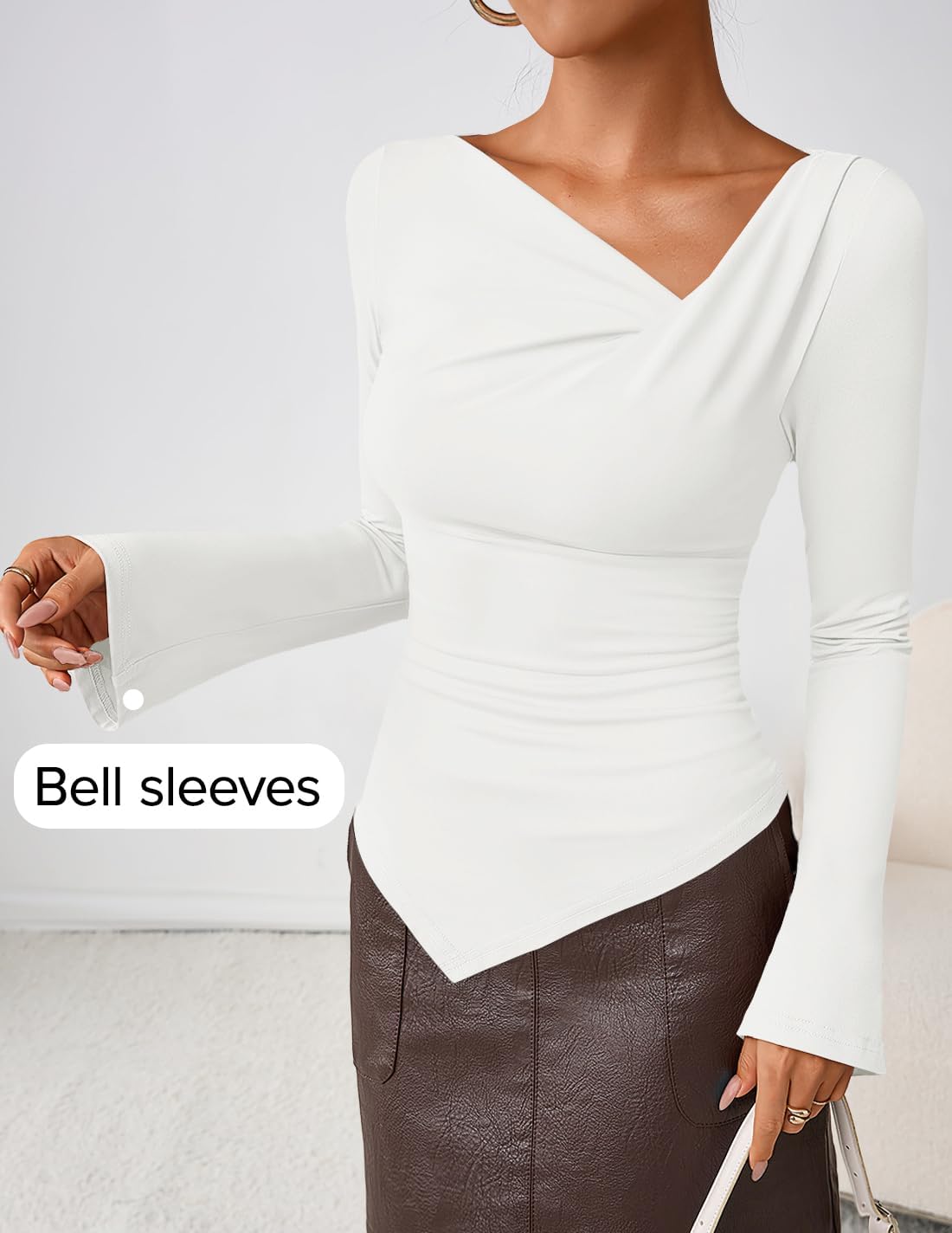 ZESICA Women's Long Bell Sleeve Shirts 2026 Fall Going Out Asymmetrical Crop Tops Slim Fit Ribbed Ruched Y2K Clothes - Image 6