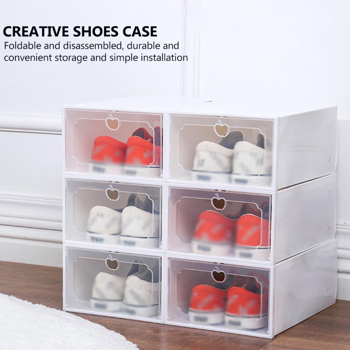 OUNONA Large Capacity Shoe Storage Box Set, 6pcs Drawer-type Stackable Plastic Shoe Organizer with Flip Lid, Pearl White, Space-saving Closet Storage for Sneakers and Boots