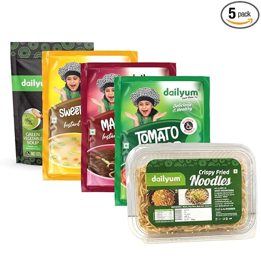 Instant Soup Combo of 5 | No Onion No Garlic | Manchow Soup 50g | SweetCorn Soup 50g | Tomato Soup 50g | Green Veg. Soup 50g | Crispy Fried Noodles 200g| Jain