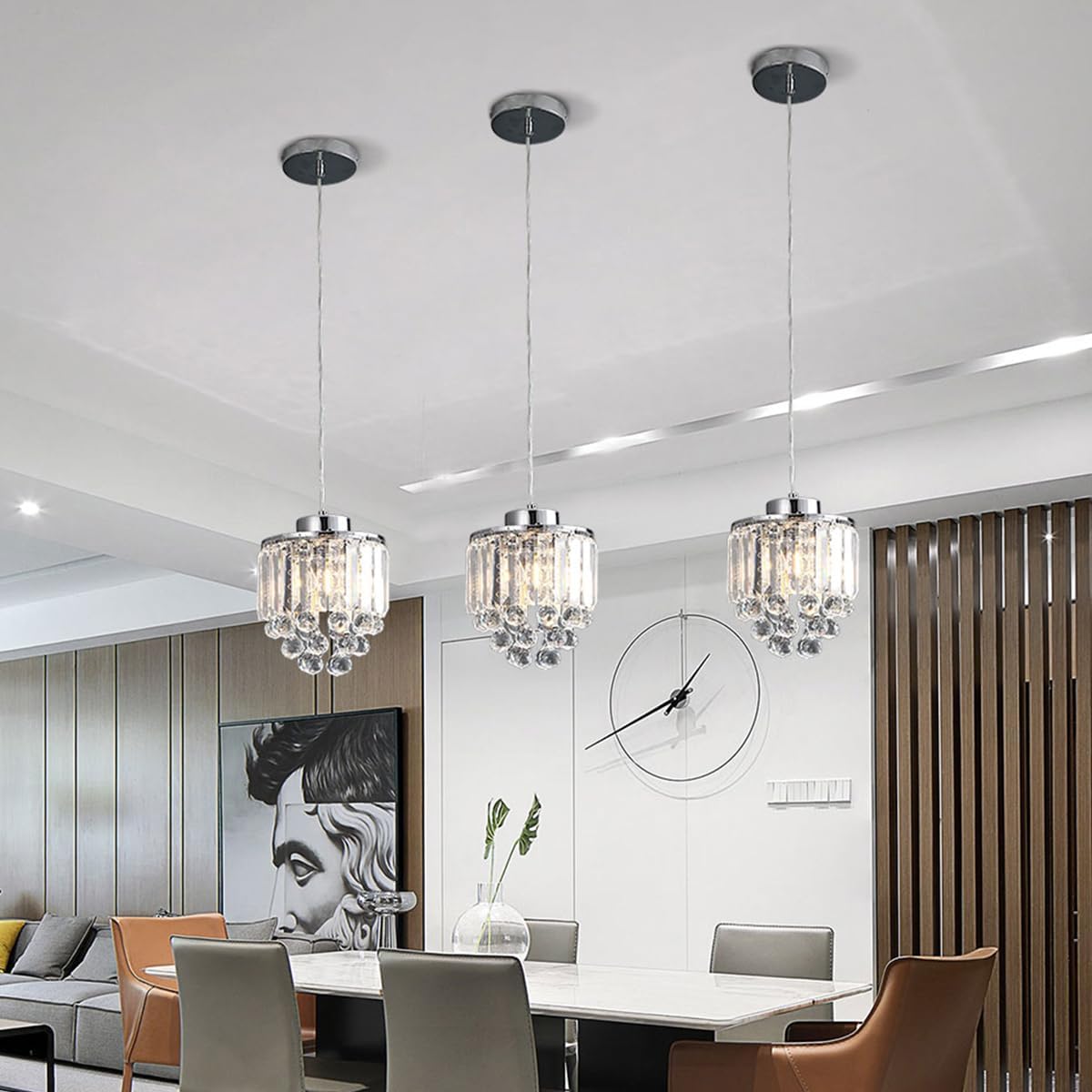 Gdrasuya10 Set of 3 Crystal Chrome Pendant Light, Crystal Beads Pendant Lighting Fixture E26 Bulbs Hanging Ceiling Light Shining Chromed for Kitchen Island Living Room (Adjustable Length)