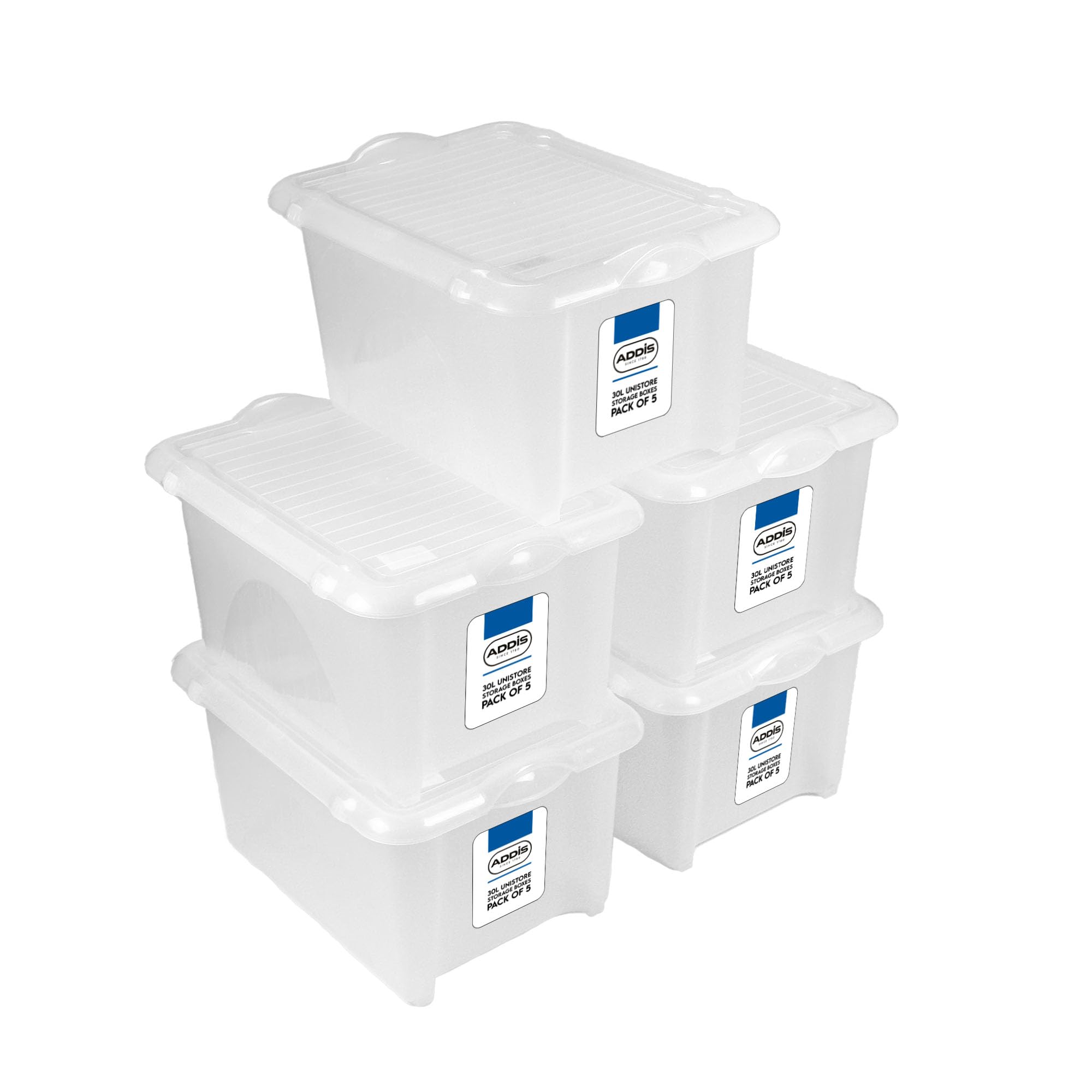 Addis Clear 30 Litre Plastic Unistore Storage Boxes With Clip Lock Lid And Base, Pack Of 5, Tough Reliable Stackable Nestable, Made In The Uk,