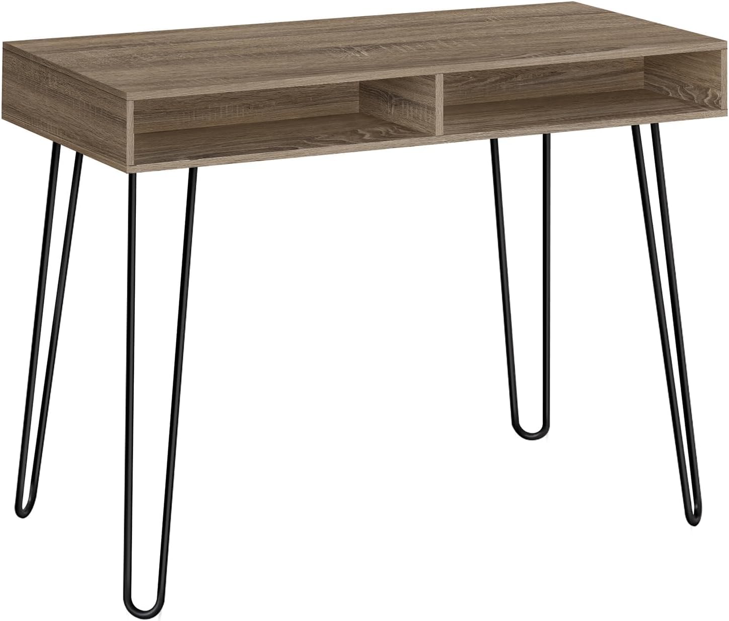 Pemberly Row Computer Desk, 40" Dark Taupe Wood-Style Laminate with Black Metal Hairpin Legs, 2 Cubbies, Mid-Century Style Home Office Laptop Desk for Dorm or Small Apartment