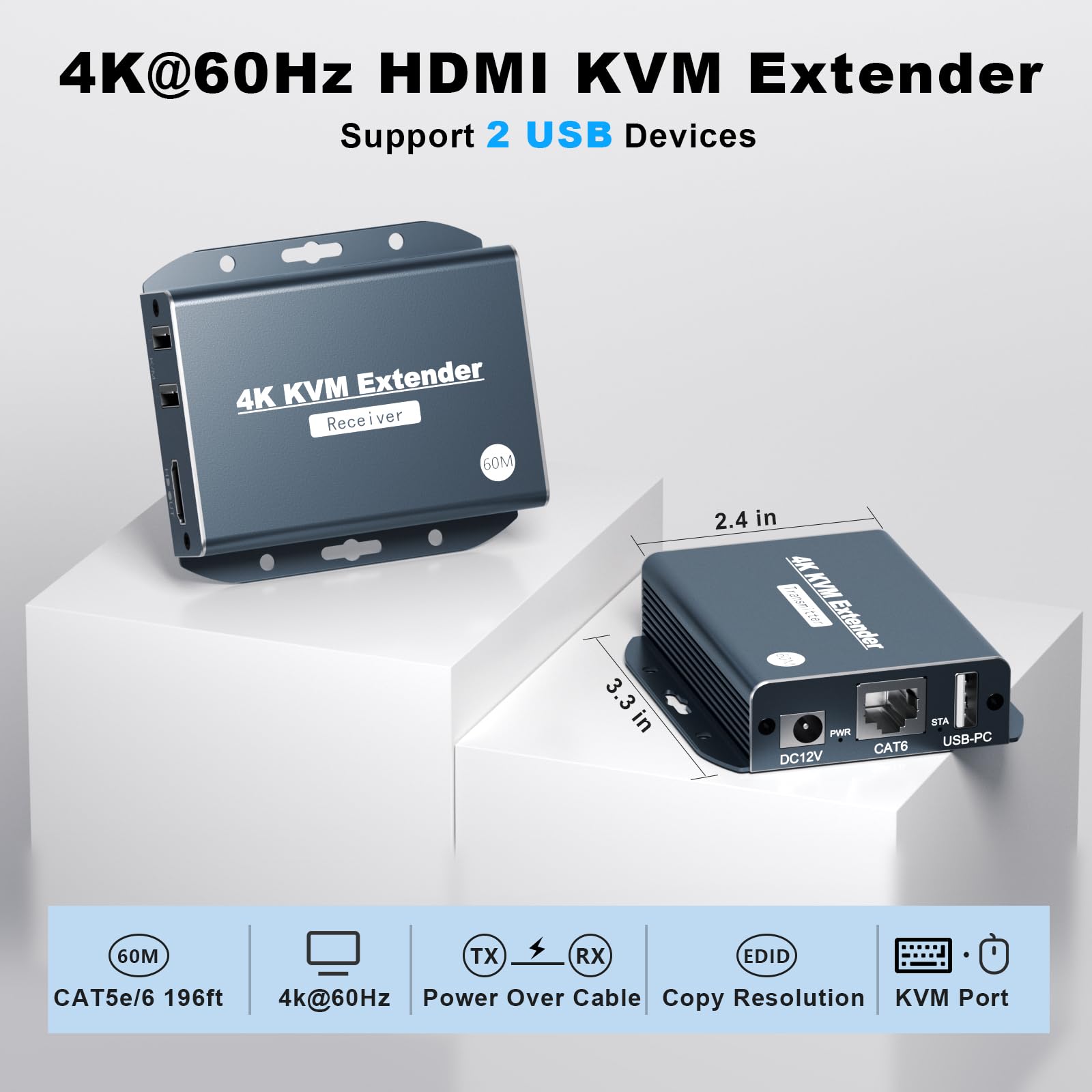 4K HDMI KVM USB Extender sobre Cat 5e/6/7 Cable - 4K@60Hz hasta 196Ft HDMI sobre Ethernet Extender - soporta loopout, HDCP 2.2, POC