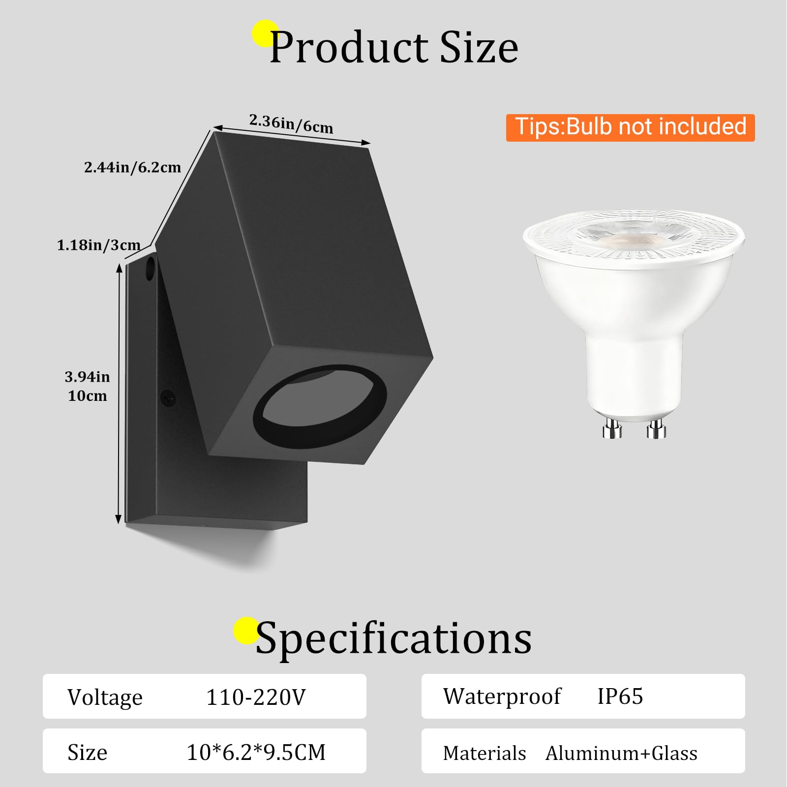 Aipsun 2 Stück Außenlampe Aussenleuchte Wand,IP65 Wasserdicht Außenwandleuchte Außenleuchte Aluminium Wandleuchten GU10/90 Grad drehbar Außen/Innen, GU10 Fassung ohne Leuchtmittel,Schwarz