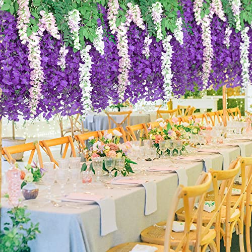 Foevaflo 12 Pack Artificial Wisteria Hanging Flowers, Fake Silk Flower String For Wedding, Party, Wall Backdrop Decor (Purple) #TOP3