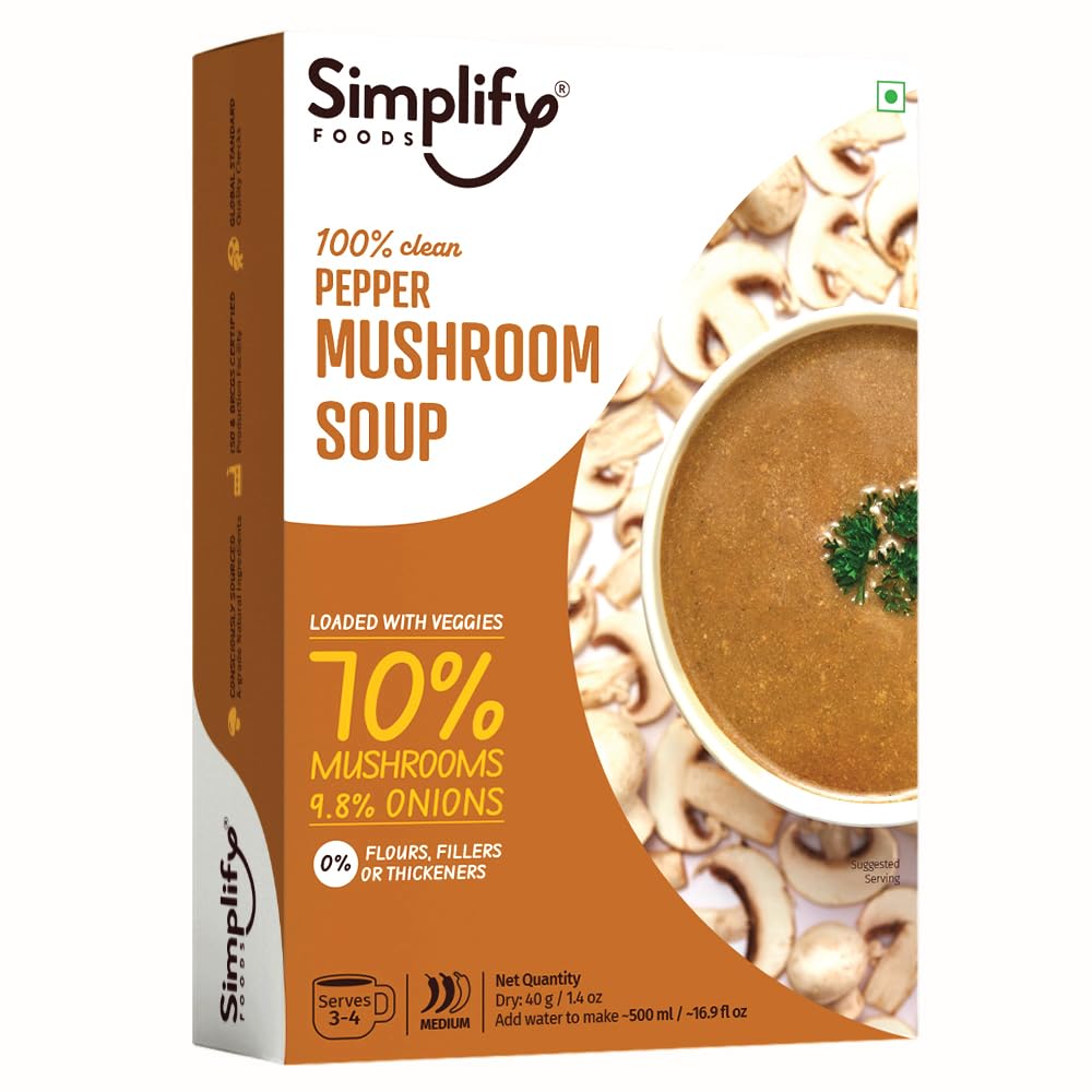 Simplify Foods Pepper Mushroom Instant Soup | Made with 70% Real Mushroom | Pack of 1 (Makes 500ml) | Just Add Hot Water | No Cooking Required | Clean Label | 0% Additives or Preservatives Simplify Foods Pepper Mushroom Instant Soup | Made with 70% Real Mushroom | Pack of 1 (Makes 500ml) | Just Add Hot Water | No Cooking Required | Clean Label | 0% Additives or Preservatives