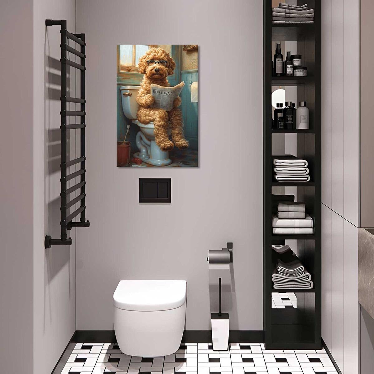 Beshdomp Vintage Goldendoodle On Toilet Reading Newspaper Posters Wearing Glasses Animals Canvas Wall Art Dog Lovers Restroom Prints Painting For Home Bedroom Dorm Wall Decor 24x36in Framed