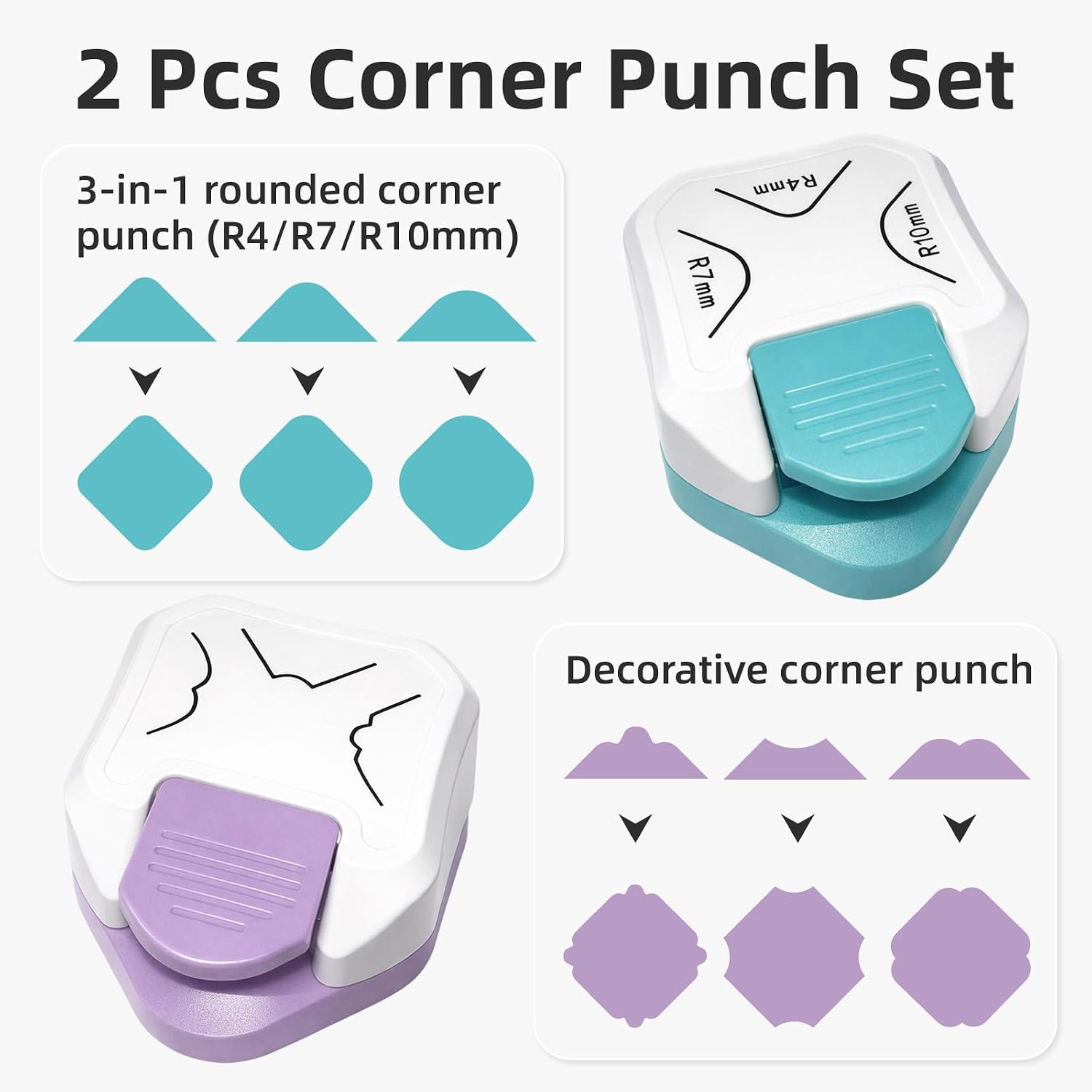 Paper Corner Cutter Set, 2 Pcs 3-in-1 Paper Corner Rounder Punch (R4/R7/R10mm) & Decorative Corner Punch, Round Corner Punch for Cardstock, Cards, Photos, Business Cards, Scrapbooks