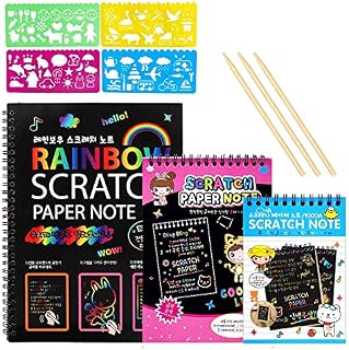 KY-Tech Scratch Art Note Paper for Kids, 3 Packs Scratch Art Notes Rainbow Scratch Art Book Combo Art Crafts Set Magic Scratch Paper Pads with 3 Wooden Styluses and 4 Drawing Stencil