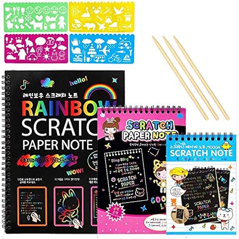 KY-Tech Scratch Art Note Paper for Kids, 3 Packs Scratch Art Notes Rainbow Scratch Art Book Combo Art Crafts Set Magic Scratch Paper Pads with 3 Wooden Styluses and 4 Drawing Stencil Cover