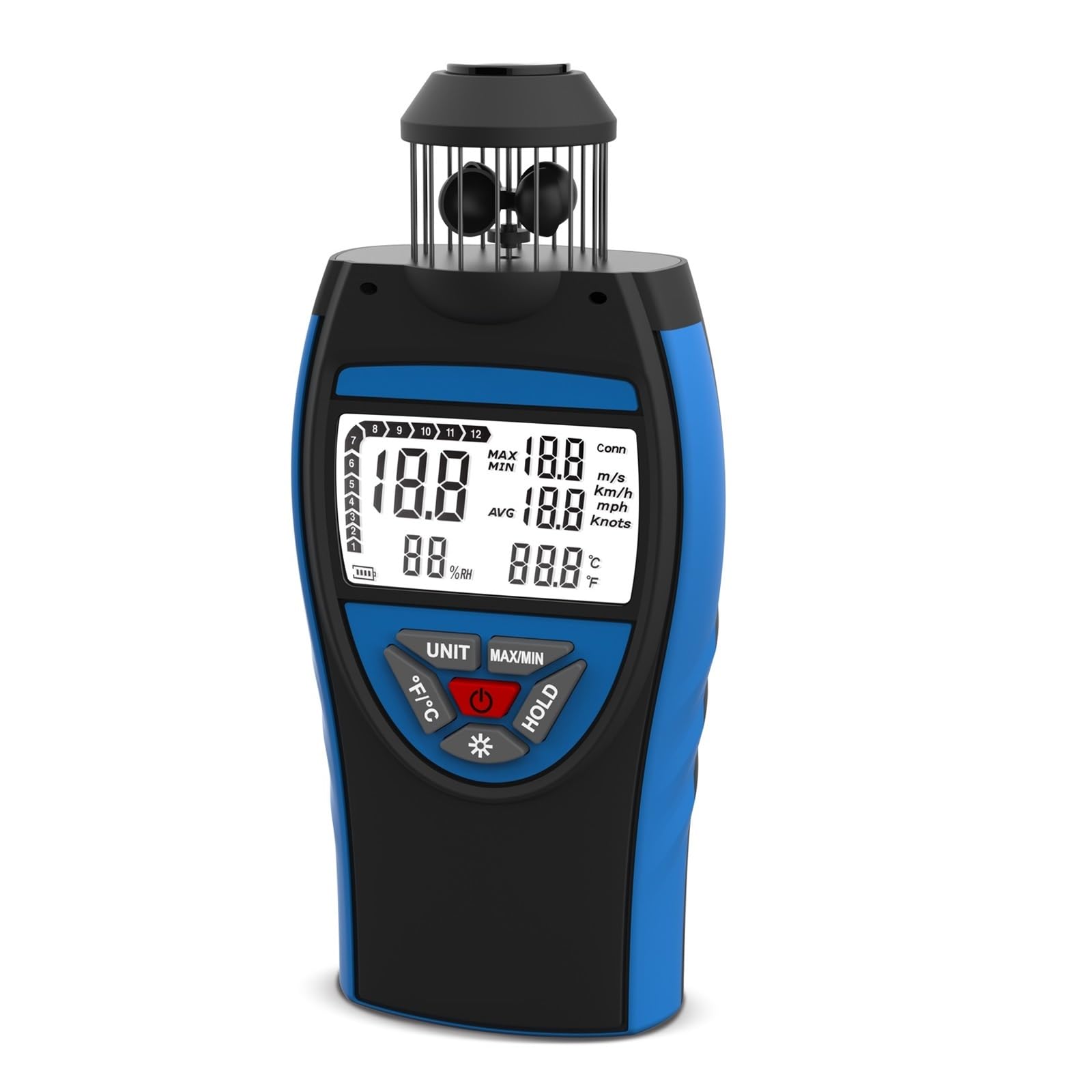 Anemómetro De Copa De Viento De Mano 6 Unidades Ajustables Con Pantalla De Retroiluminación De Medición De Temperatura(Blue)