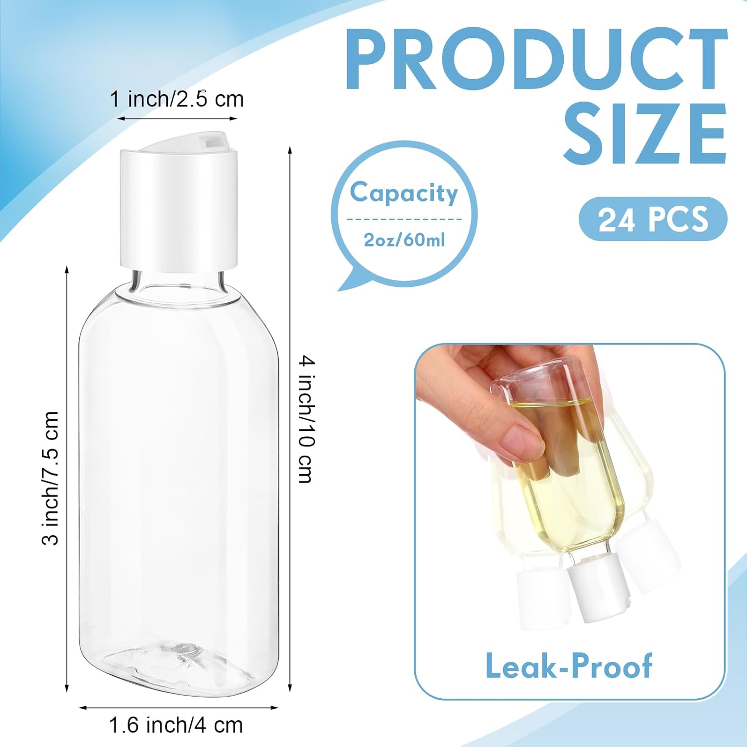 Domensi 24 Pcs Plastic Bottle Squeeze Containers with Disc Cap Travel Bottles Reusable Empty Toiletries Shampoo Containers Refillable Travel bottles for Shampoo Lotions (2oz,Transparent)