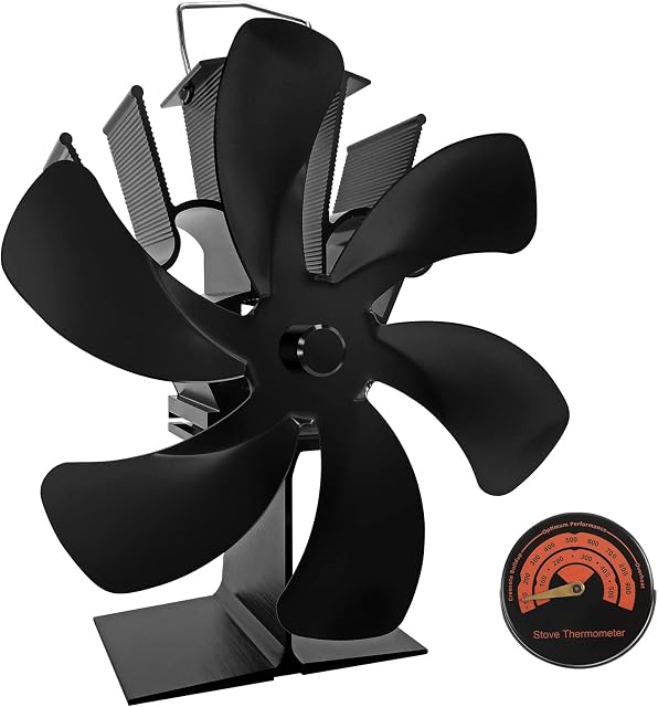 Stove Fan 6 Blades Wood Burning Fans, Log Burner Fan Heat Powered Fan with Thermometer, Silent Eco Friendly Fireplace Fan Hot Air Circulation Fan for Wood Burning Stove