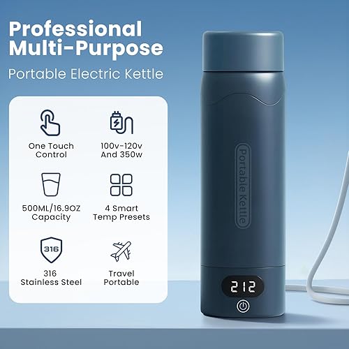 Miniatura 3 de Hervidor eléctrico de viaje, mini hervidor portátil de acero inoxidable 316 de 16.91 onzas, pequeña caldera de agua caliente con 4 ajustes de