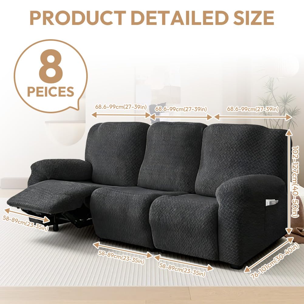 Paquete de 8 fundas para sillón relax de 3 plazas, funda extensible todo en uno, lavables, con bolsillos, funda para sillón, para sillón de TV, tumbona (gris oscuro)