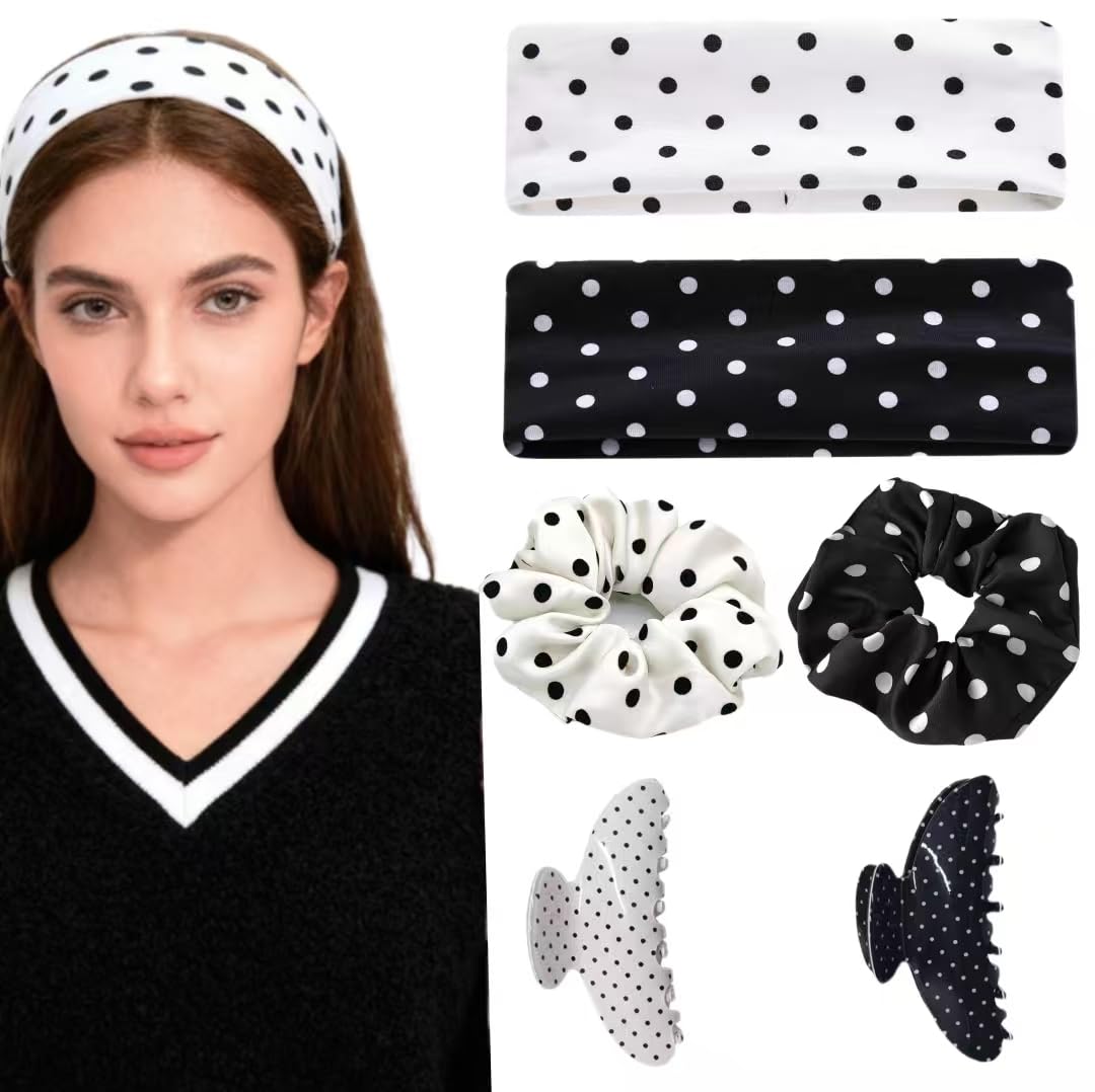 6Pcs Polka Dot Hair Set – 2 Headbands 2 Claw Clips 2 Scrunchies