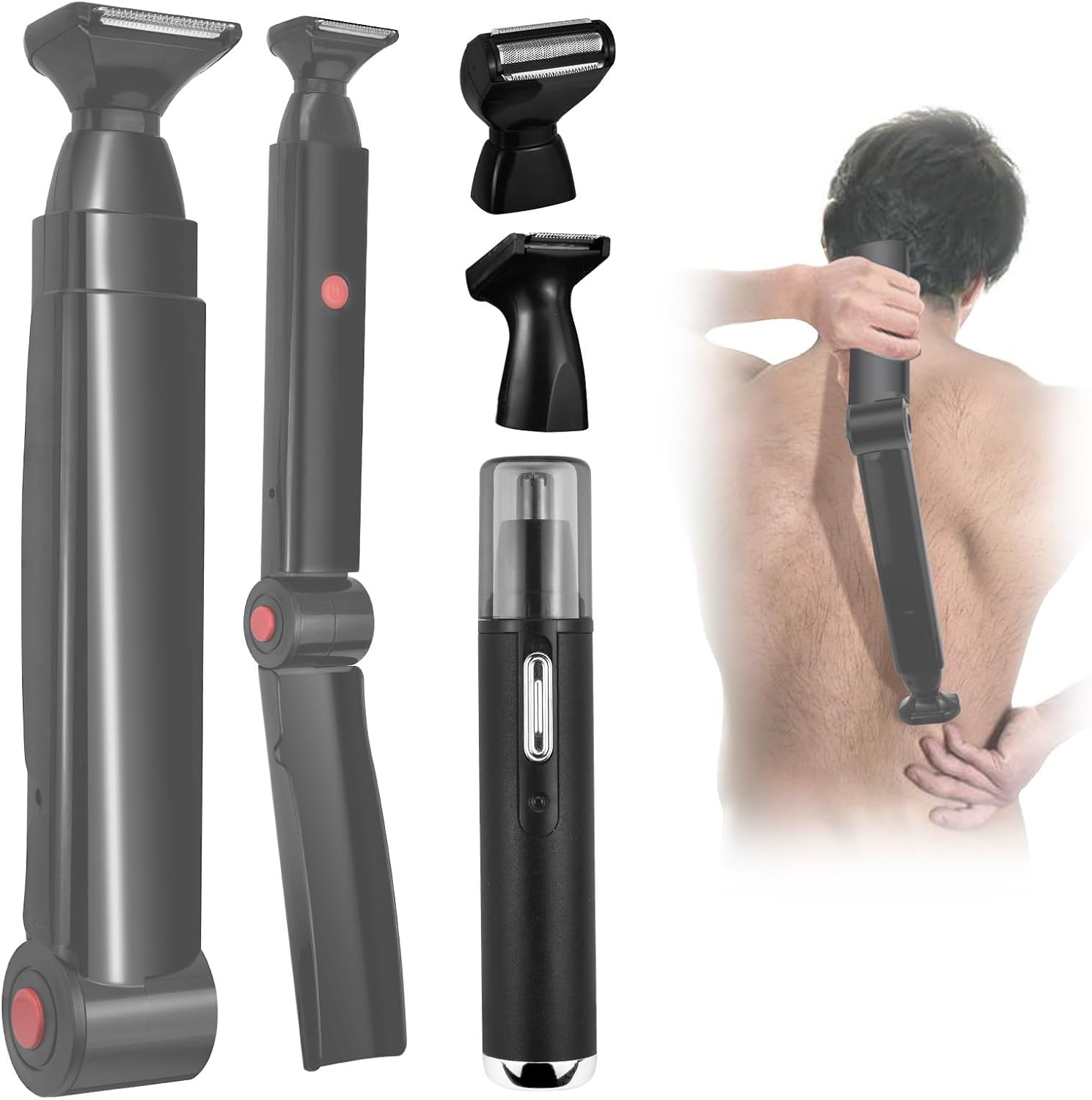 Back Shavers for Men Long Handle，Multifunctional Self-Service Electric Back Hair Razor with Adjustable Handle，Men's Back Shaver wiht Nose Hair Trimmer Set and 2 Shock Absorber Flex Heads（Gray）