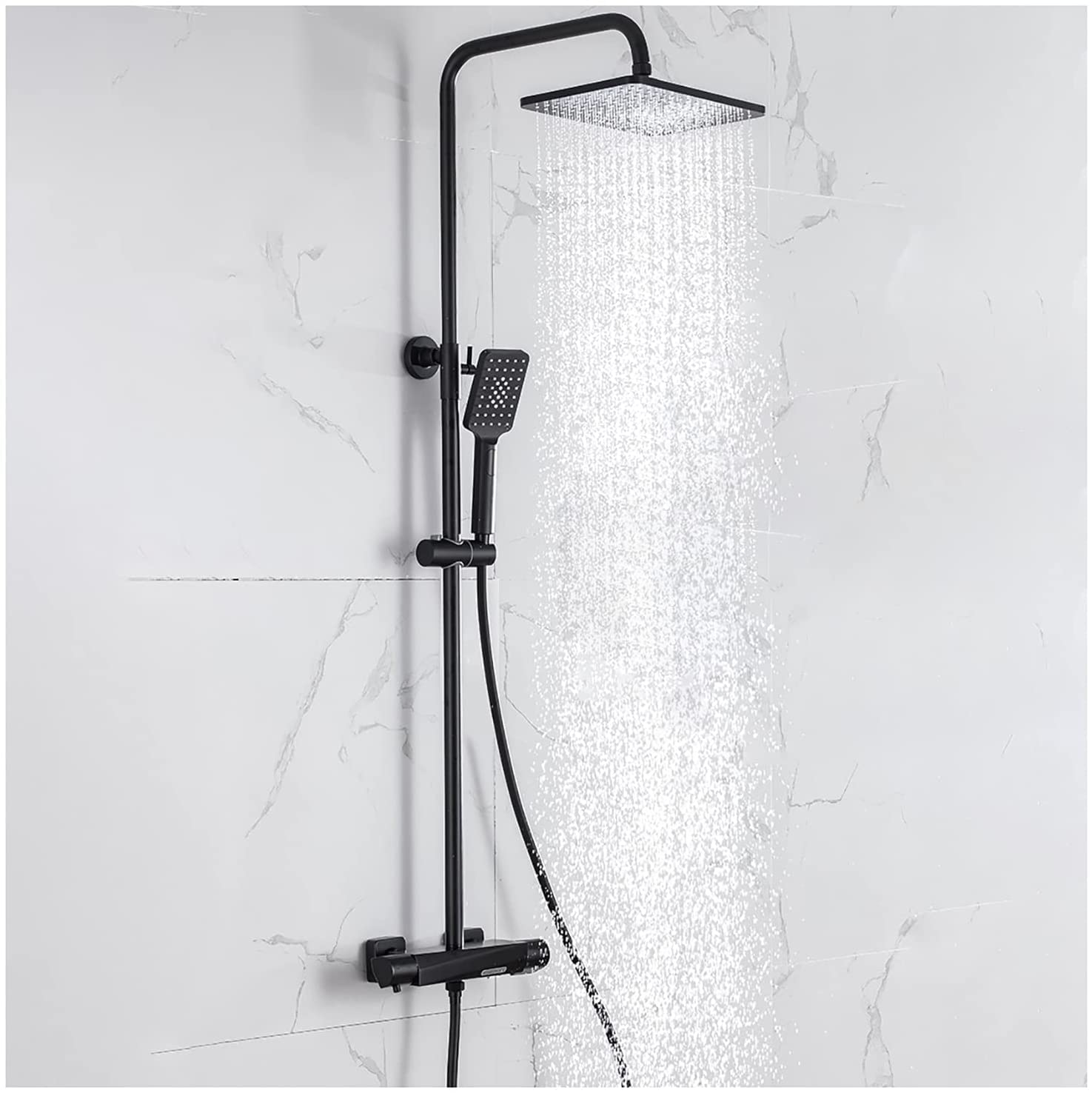 SnamicE Thermostatic Shower System Set with Shower Head Shower Faucet Set Wall Mounted Shower Combo Set Height Adjustable Rainfall Shower Set with Handheld Shower, Tub Spout,Black,Black