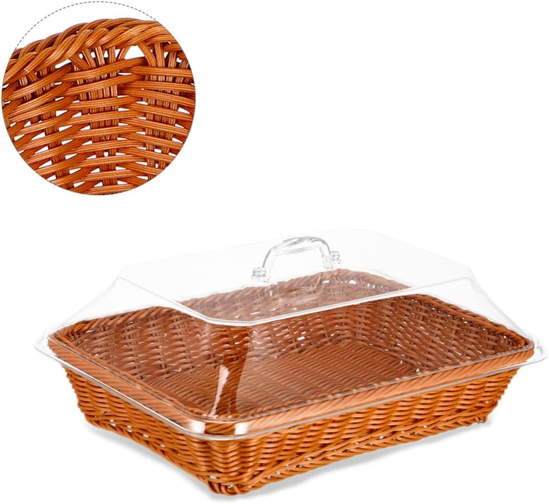 Rattan Bread Basket with Lid, Handwoven Food Serving Basket for Kitchen and Picnic, Multipurpose Woven Fruit and Bread Storage Container 40x30x15 Cm Brown