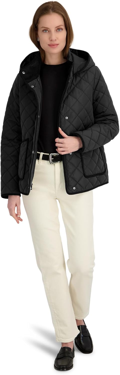 TAHARI Women's Rosie Hooded Quilted Jacket – Water-repellent Short Coat Detachable Hood