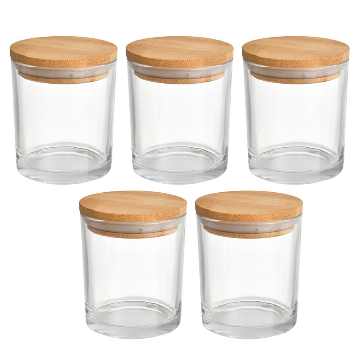 Runde Kerzenhalter aus Glas 5 Stück mit Bambusdeckel Leere Gläser für Duftkerzen und Kerzenbasteln im Wohnbereich
