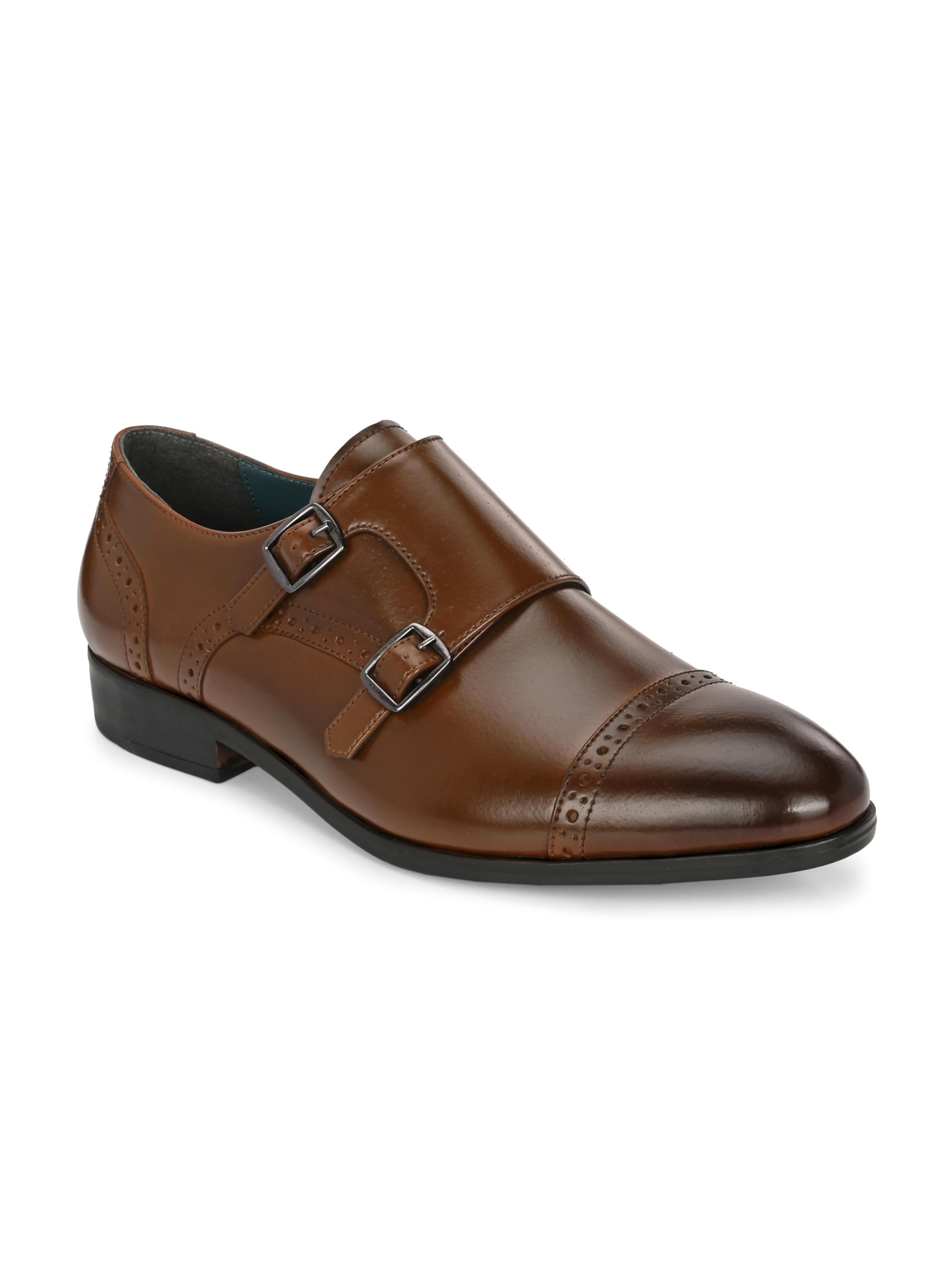 Men's Formal Monks Shoes with Buckle Perforated Letherette Double Strap Lace-Up Business Shoes for Office/Comfortable Footwear with Non-Slip TPR Sole for Wedding and Parties-image-4