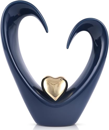 orenm Escultura de corazón de cerámica, estatuas abstractas de decoración del hogar azul y dorado, 10.2 pulgadas para boda de pareja, decoración de