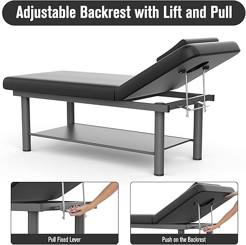 Miniatura 2 de Holaki Cama de masaje estacionaria profesional negra, 31.5 pulgadas de ancho x 75 pulgadas de largo, mesa de masaje con respaldo ajustable para mesa