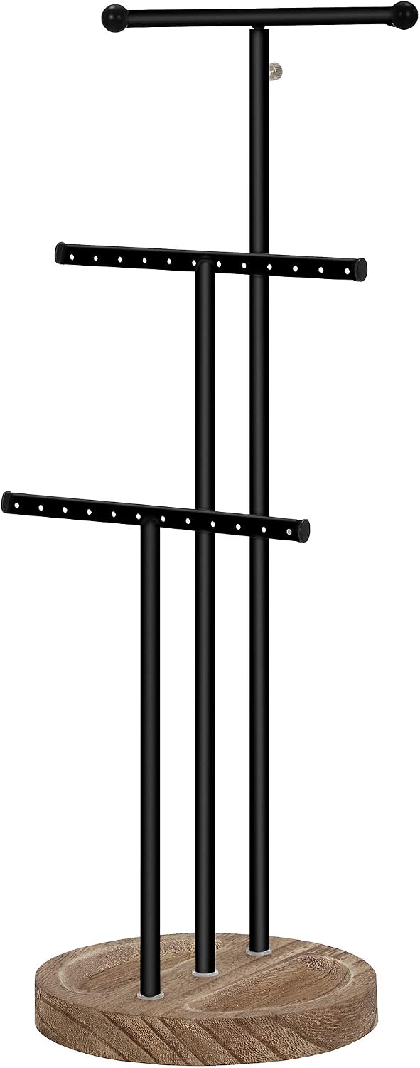 SONGMICS Jewelry Display Stand Holder, 3-in-1 Jewelry Rack Tree, 3 T-Shape Metal Bars with Holes, Wooden Base, Adjustable, Long Necklace Bracelet Earring Ring, Wood Color and Black UJJS018B01