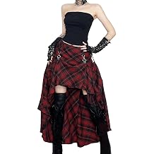 Womens Goth Plaid Skirts High Waist Asymmetrical Long Maxi Skirt Emo Grunge Punk Pleated Skirts