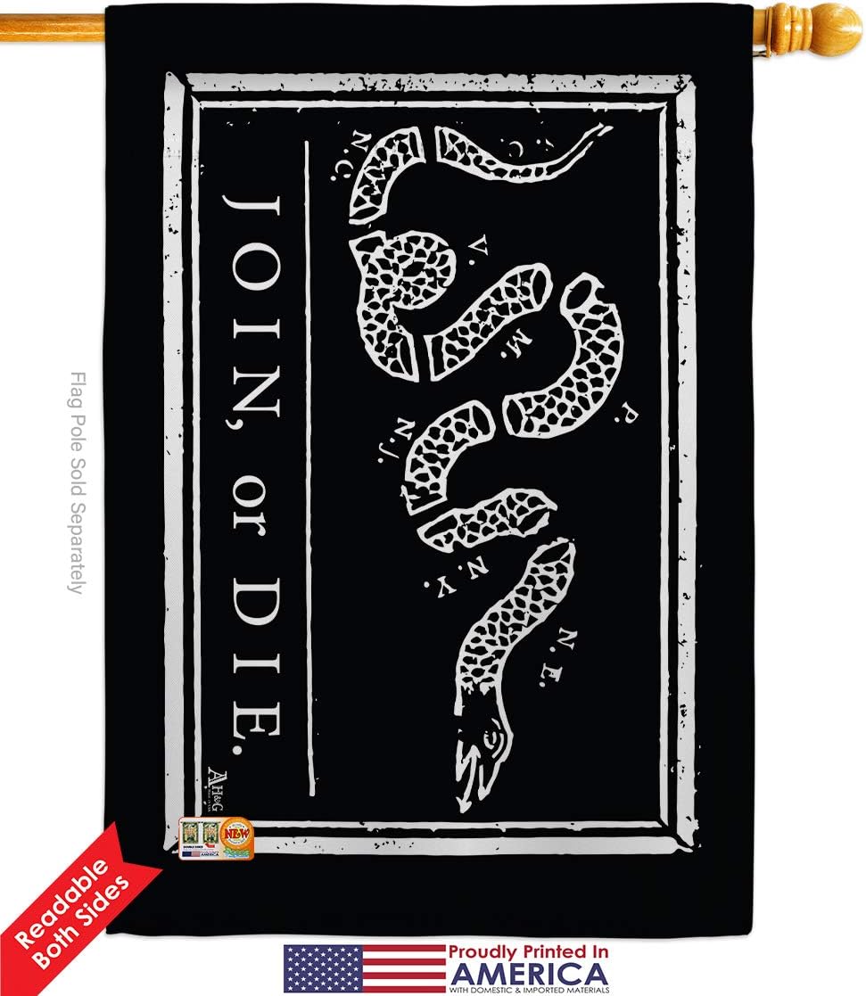 Black Join Or Die House Flag Americana US Historic July Memorial Veteran Independence United State American Small Decorative Gift Yard Banner Double-Sided Made In USA 28 X 40