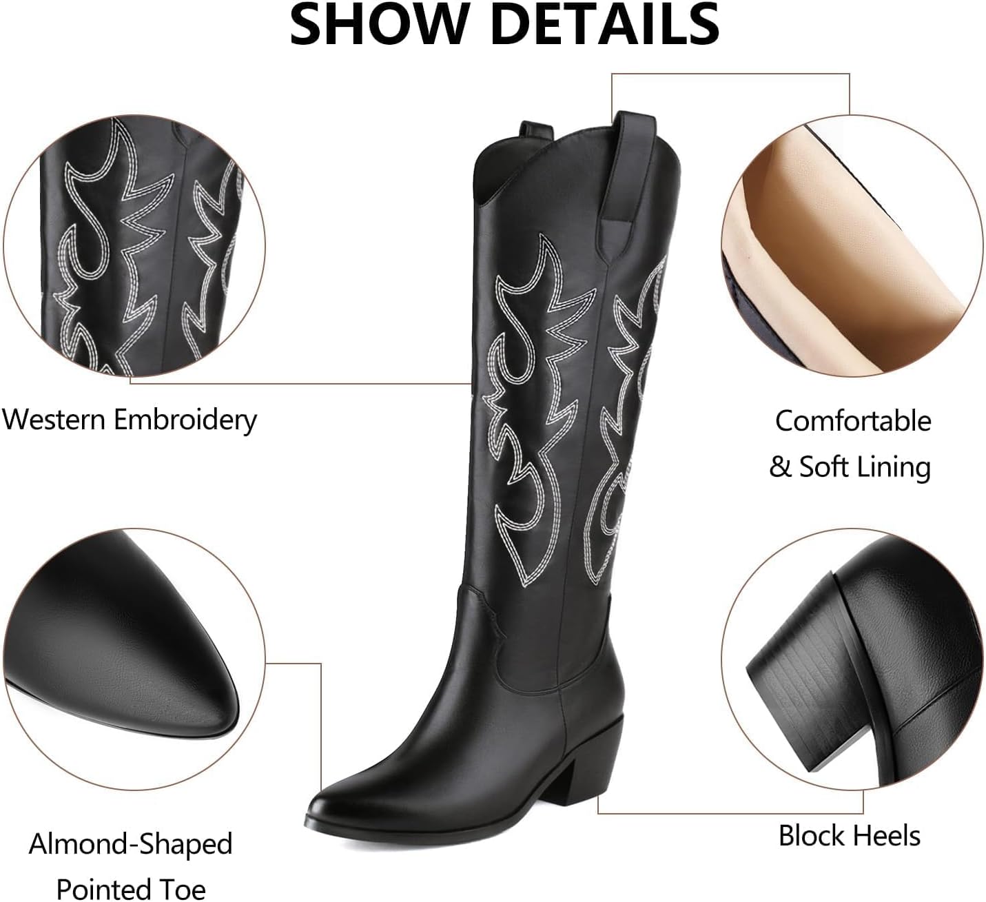 STALOV Cowboy Boots for Women Pull On Chunky Heel Boots Knee High Cowgirl Boots Western Pointed Toe Boots Embroidered Suede Boots - Image 5