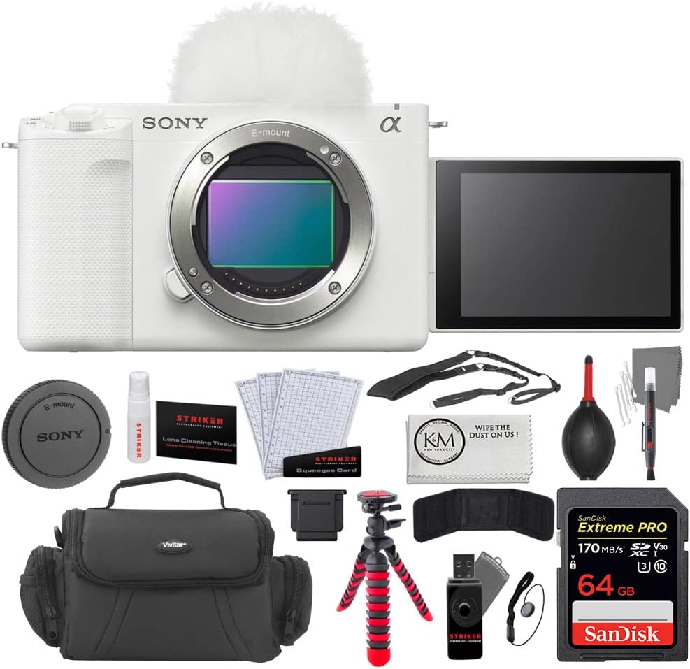 Sony ZV-E1 Mirrorless Camera (White) Bundled with 64GB Memory Card + Photo Starter Kit (11 Pieces) + Camera Case + Tripod 12" Flexipod + Cleaning Cloth (6 Items)