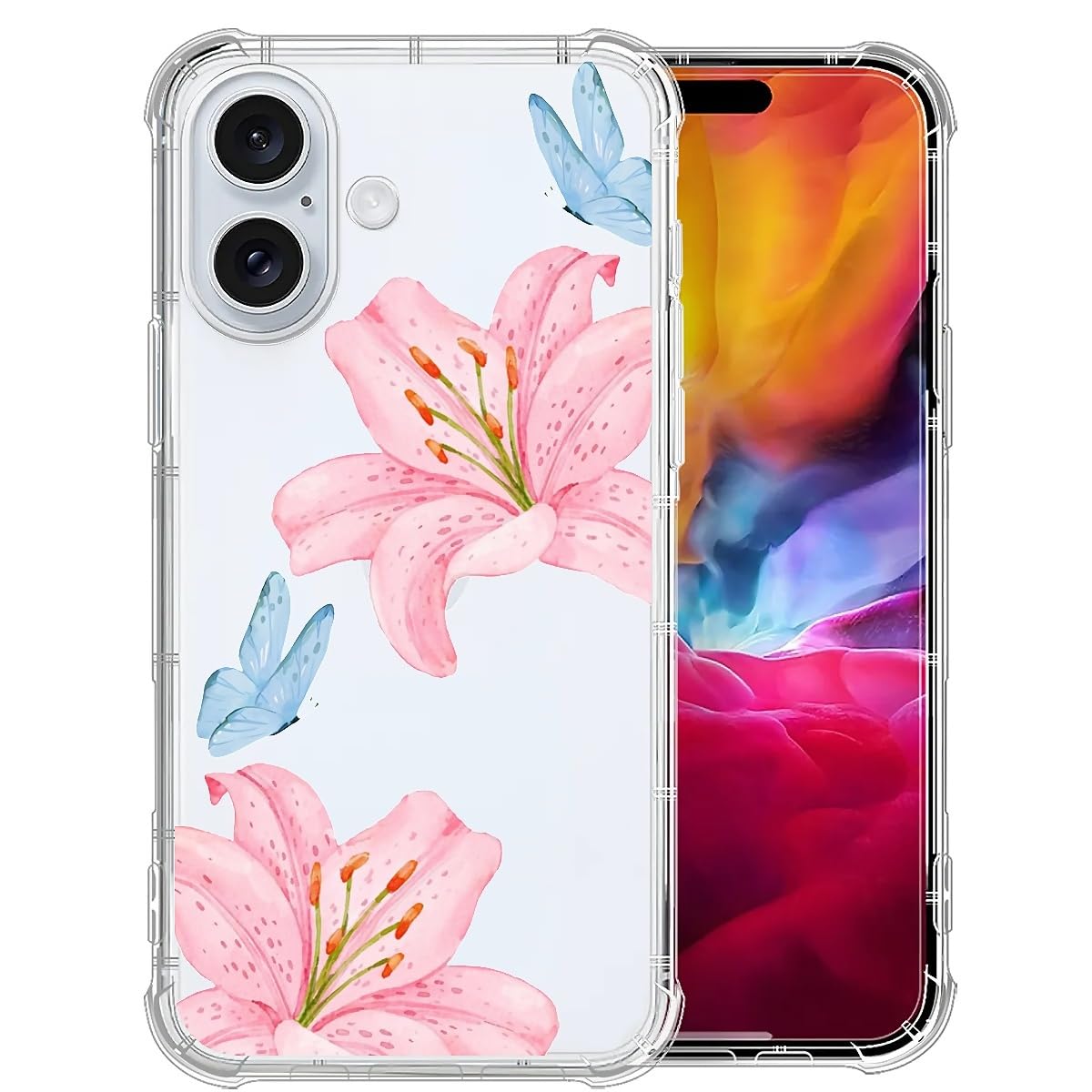 Case for iPhone 16,Pink Lilies and Blue Butterflies Clear Cases Pattern Cute Cover for Girls Men Slim Thin Soft Shockproof PhoneCase
