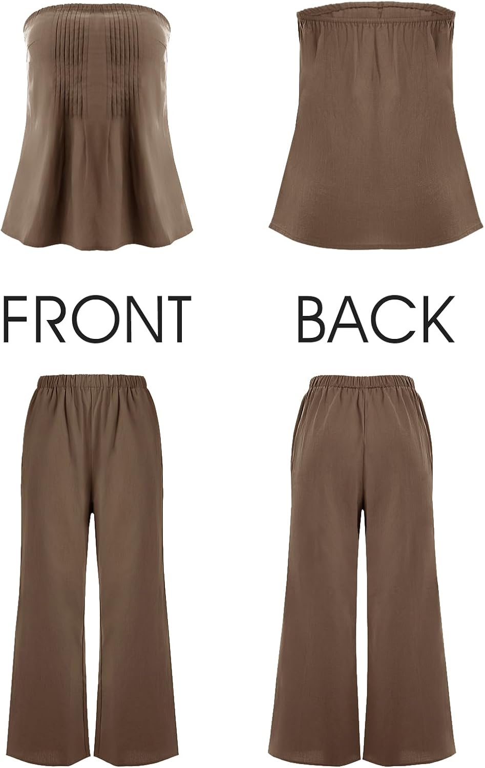 Tankaneo Womens 2 Piece Outfits Summer Strapless Tube Tops Wide Leg Pants Cotton Vacation Pleated Matching Lounge Set - Image 5