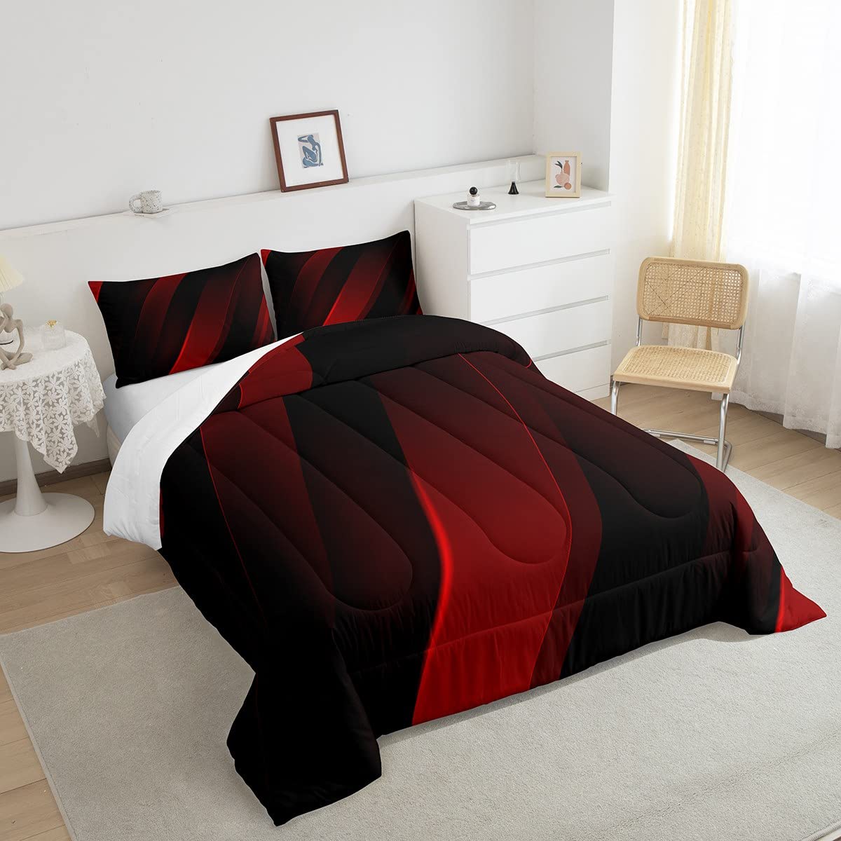 Red Black Stripes King Size Comforter Set,Kids Neon Gradient Decor All Season Bedding Set,Teens Geometric Abstract Comforter,Girls Modern Design Decor Quilt Set Bedroom Collection 3Pcs