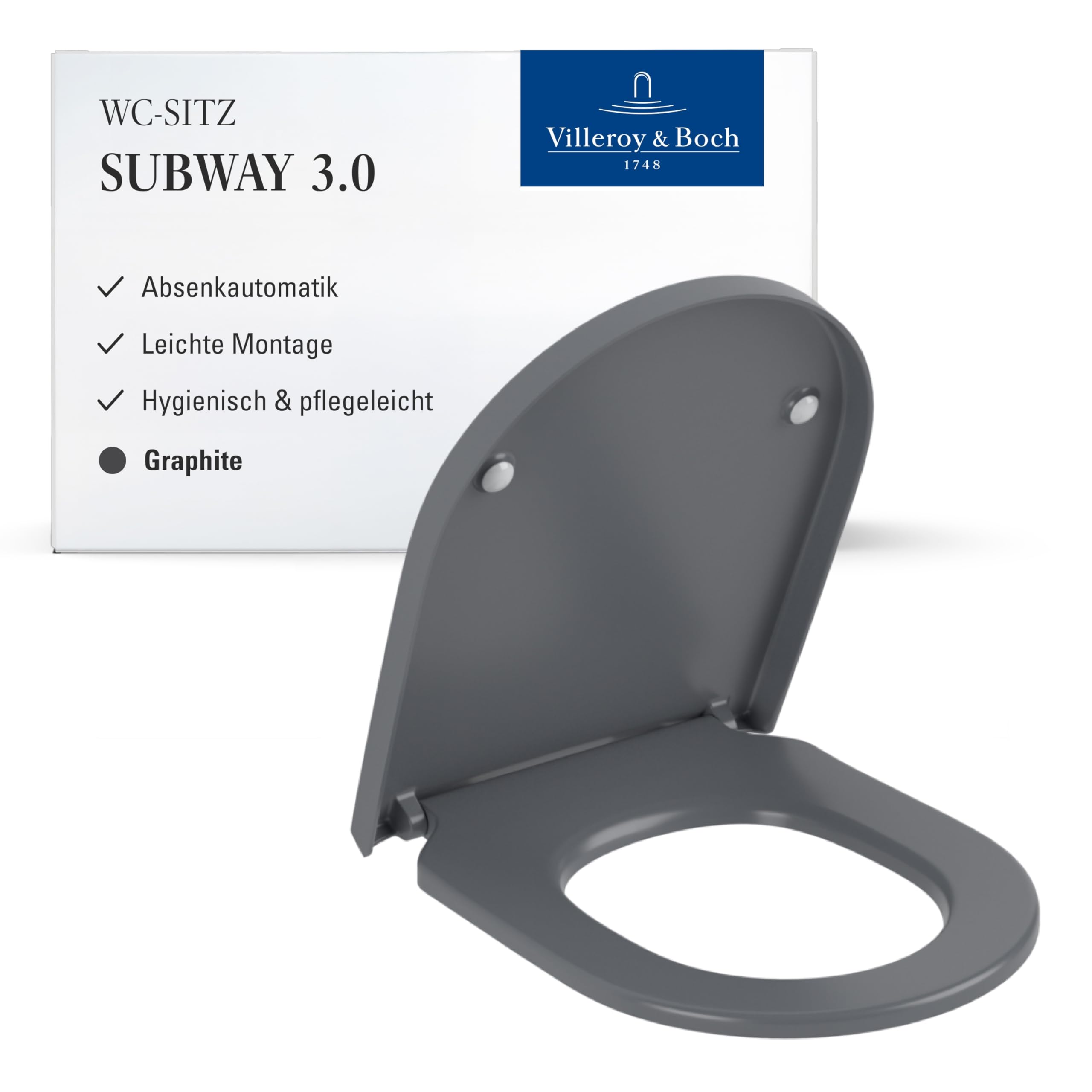 Villeroy & Boch Subway 3.0 WC-Sitz - Toilettendeckel mit Absenkautomatik - Abnehmbarer, bruchsicherer Toilettensitz aus Duroplast - Original Ersatzteil - Klodeckel in D-Form - Graphite, matt