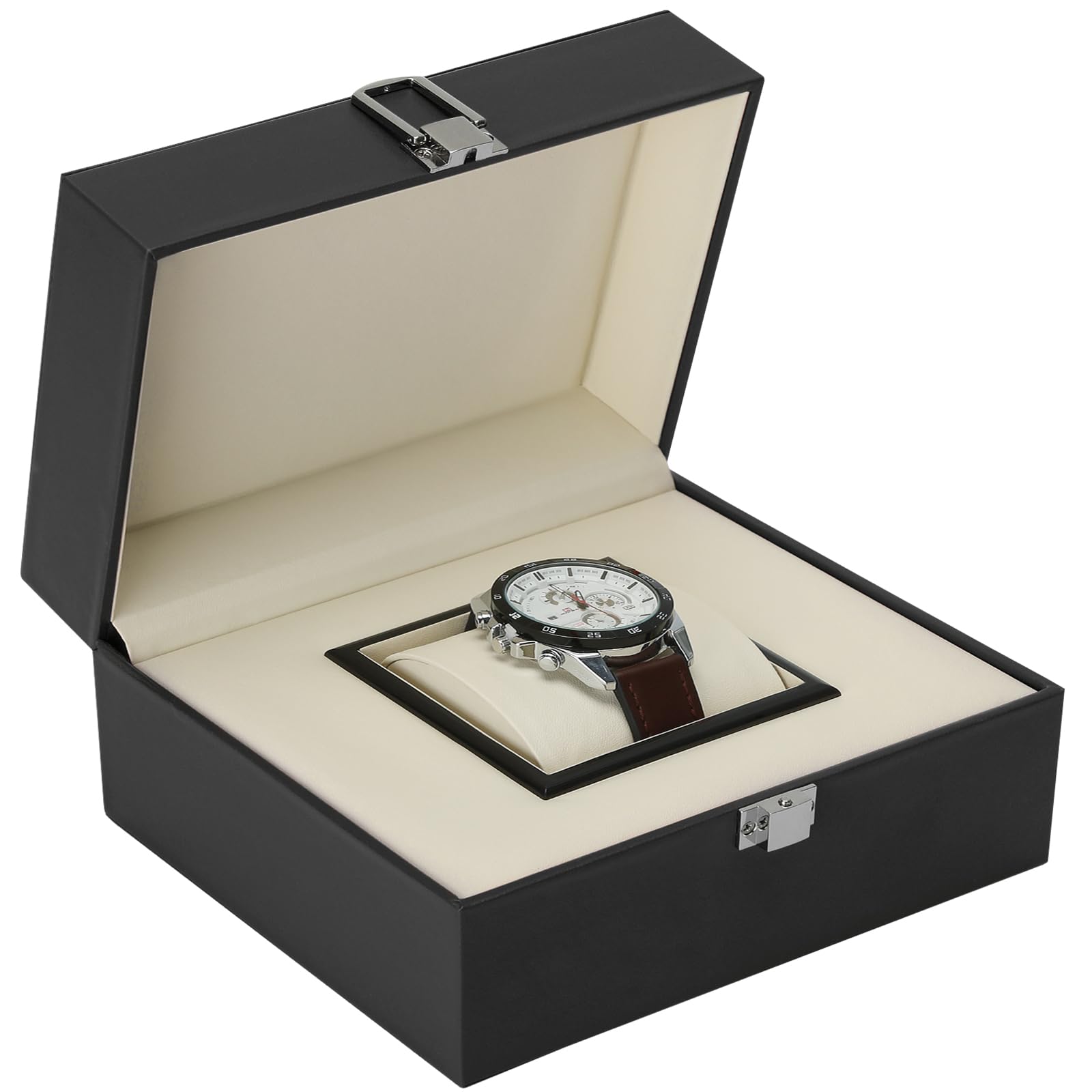 BAOPEND Noble Large Single Watch Gift Box for Men Women, PU Leather Big Watch Case, Luxury Travel Watch Storage Boxes Wristwatch Display Holder Cases with Removable Soft Pillow (Black)