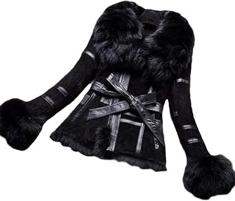 KAISHIN Winter Real Fur Coats with Waistband Genuine Leather Jacket for Women with Silver Fox Fur Collar & Cuff Trimming