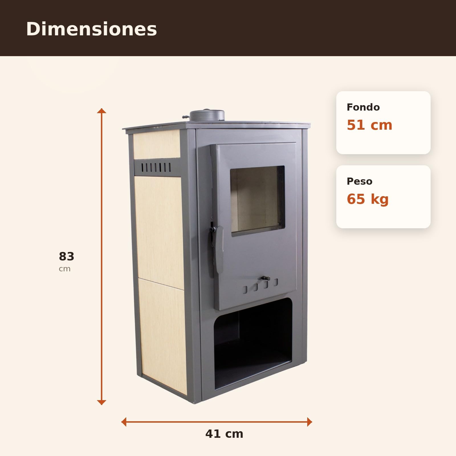 EIDER BIOMASA Estufa de Leña SAMIRA – 10,56 kW – Rendimiento 85,74% – Hasta 145.0 m³ – Doble Combustión – Certificada CE